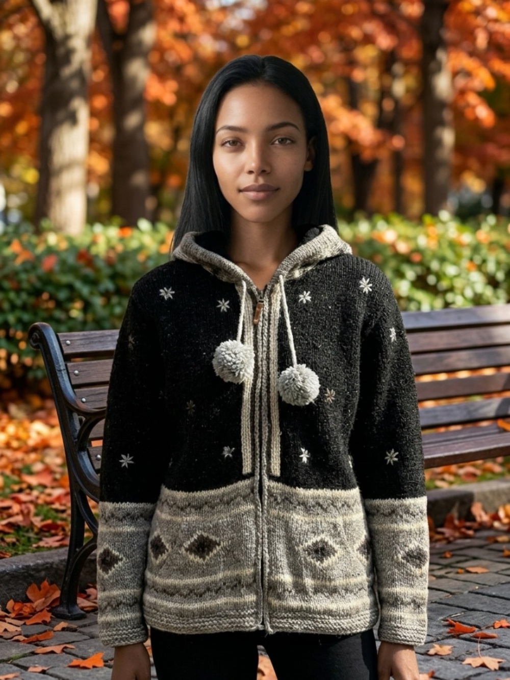 Kyber 100% Nepal Wool Artisan Nordic Hooded Zip BoHo Jacket Sweater-M